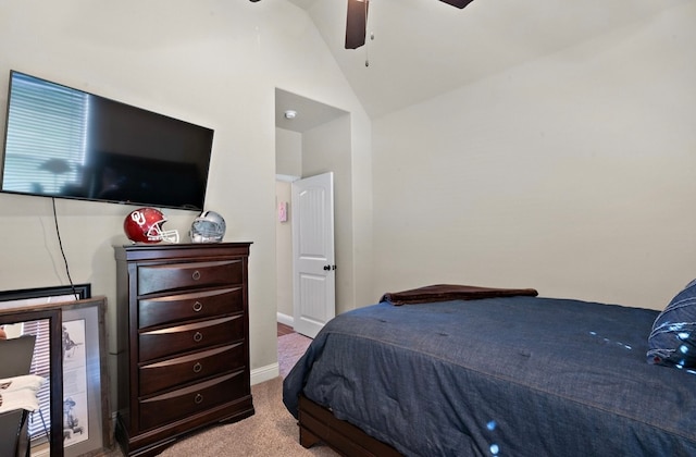 bedroom featuring ceiling fan, light carpet, and high vaulted ceiling