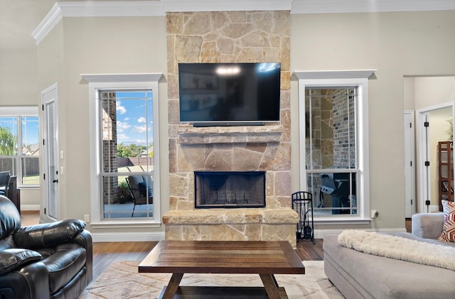 living room with crown molding, a fireplace, and wood-type flooring