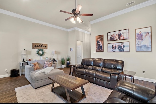 living room featuring crown molding, ceiling fan, and hardwood / wood-style flooring