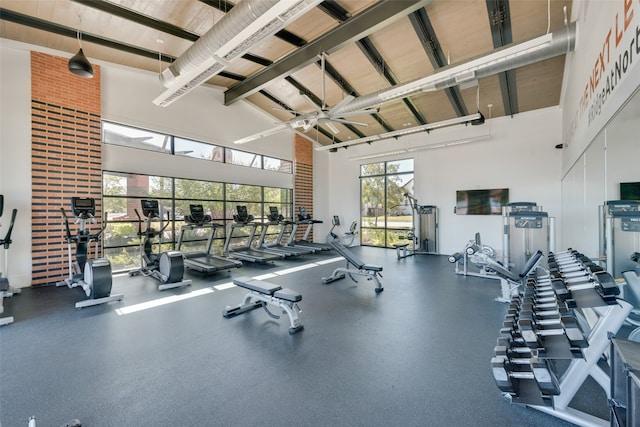 workout area with high vaulted ceiling