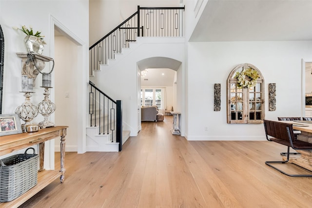 entrance foyer featuring a towering ceiling and light hardwood / wood-style floors