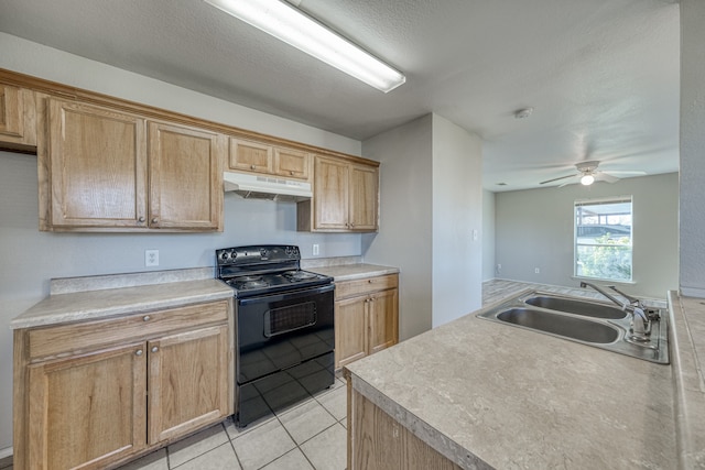 kitchen with black / electric stove, light tile patterned flooring, a textured ceiling, ceiling fan, and sink