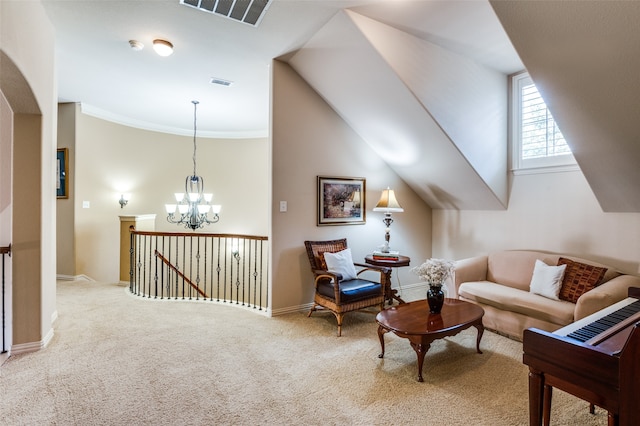 sitting room featuring lofted ceiling, a notable chandelier, and carpet floors