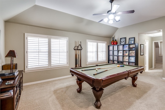 playroom featuring lofted ceiling, light carpet, ceiling fan, and billiards