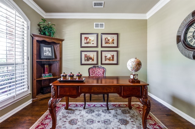 office featuring ornamental molding, dark hardwood / wood-style floors, and plenty of natural light