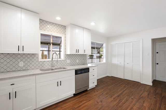 kitchen featuring dark hardwood / wood-style floors, white cabinets, stainless steel dishwasher, and sink