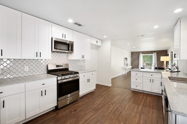 kitchen featuring white cabinets, light stone countertops, stainless steel appliances, and dark wood-type flooring