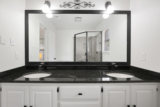 bathroom featuring vanity and a shower with shower door