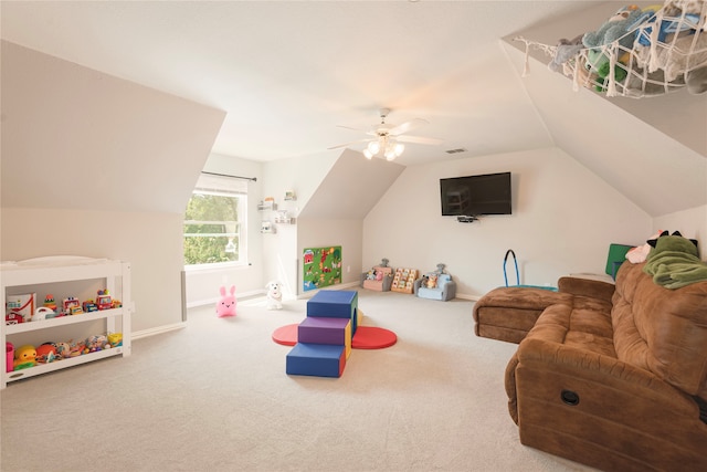 rec room featuring ceiling fan, carpet, and lofted ceiling