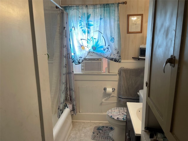 full bathroom with shower / tub combo with curtain, tile patterned floors, toilet, vanity, and cooling unit