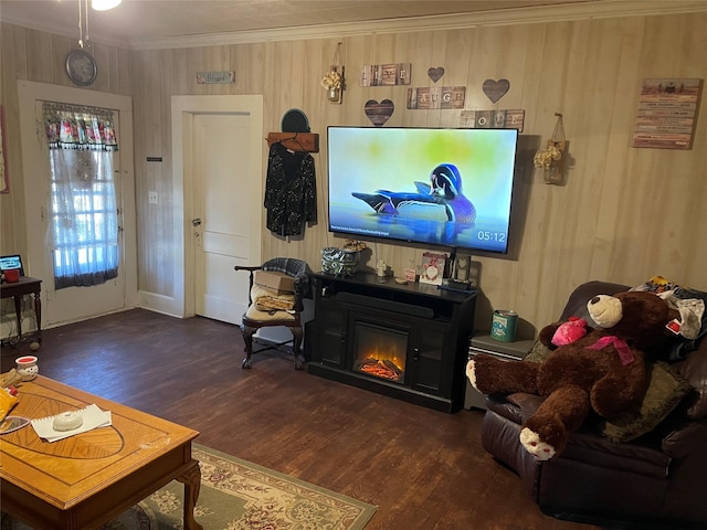 living room featuring crown molding and dark hardwood / wood-style flooring