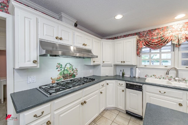 kitchen featuring stainless steel gas stovetop, ornamental molding, sink, and white cabinets