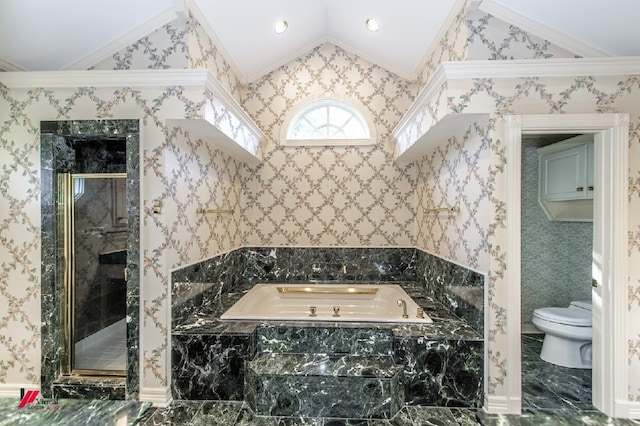 bathroom featuring separate shower and tub, ornamental molding, toilet, and vaulted ceiling