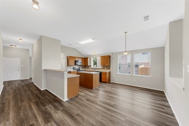 kitchen featuring kitchen peninsula, a healthy amount of sunlight, vaulted ceiling, and dark hardwood / wood-style flooring