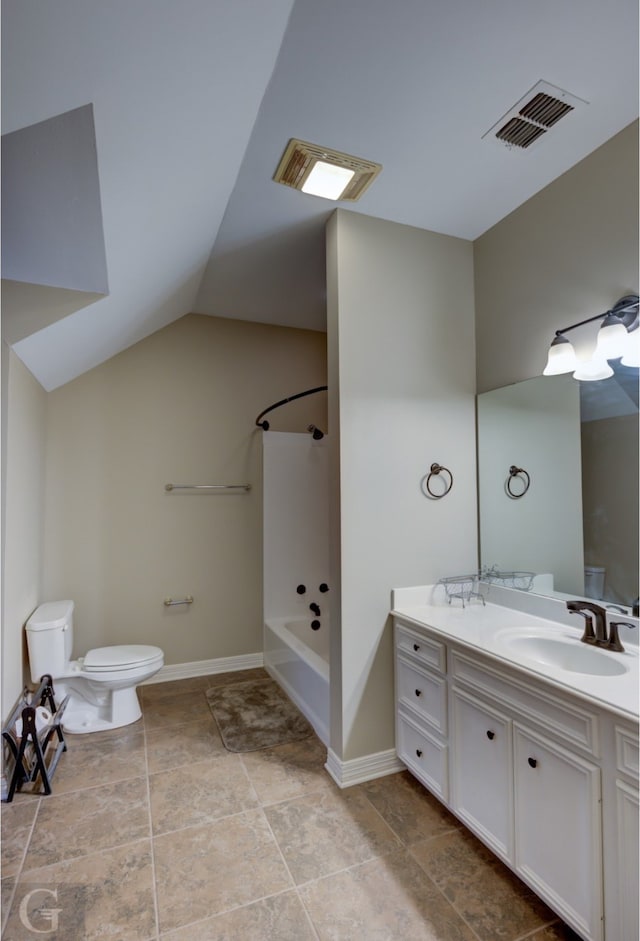 full bathroom featuring vanity, toilet, vaulted ceiling, and  shower combination