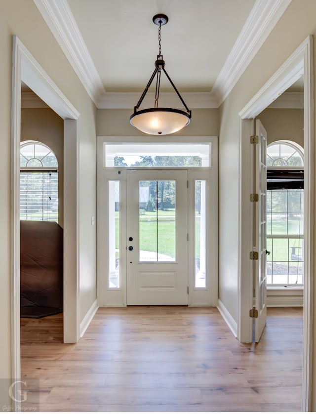 foyer entrance with crown molding and light hardwood / wood-style floors