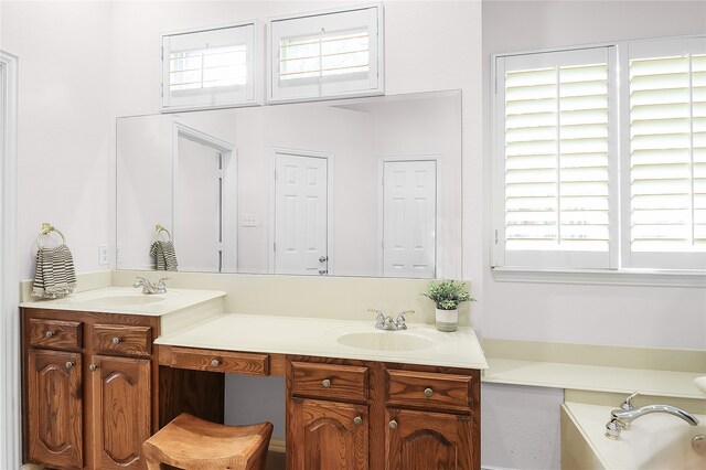 bathroom with vanity and a bath