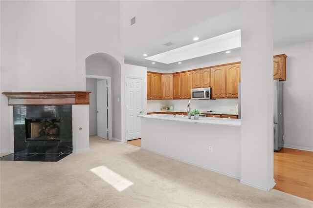 kitchen with kitchen peninsula and light colored carpet