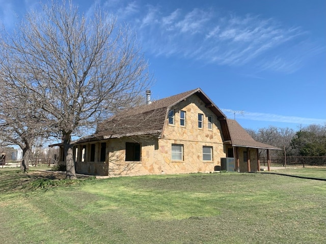 view of property exterior with a lawn and cooling unit