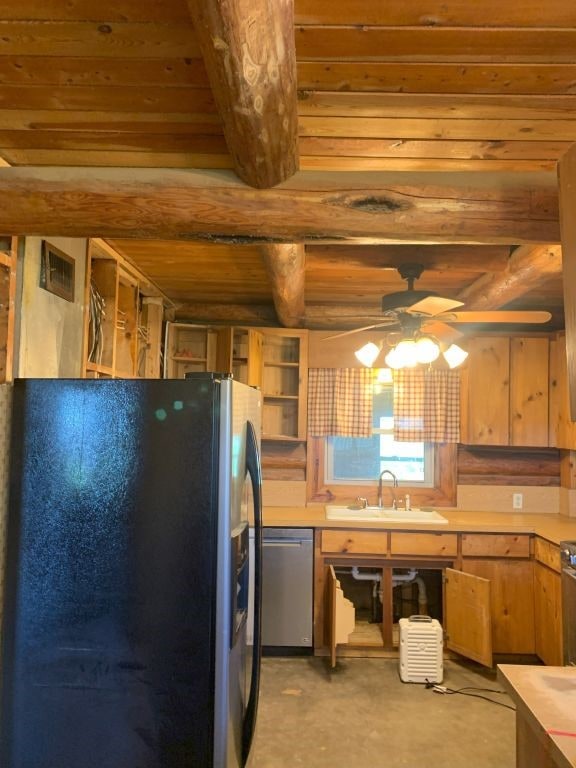 kitchen with ceiling fan, appliances with stainless steel finishes, and sink