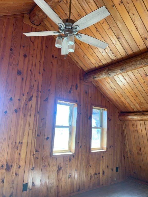 interior space featuring wood ceiling, wooden walls, vaulted ceiling with beams, and ceiling fan