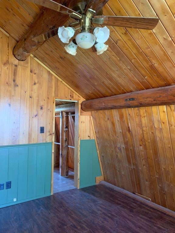 bonus room with wood ceiling, lofted ceiling with beams, dark hardwood / wood-style flooring, ceiling fan, and wooden walls