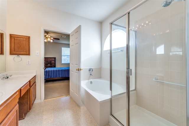 bathroom with shower with separate bathtub, ceiling fan, and vanity