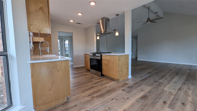 kitchen with wall chimney exhaust hood, a healthy amount of sunlight, stainless steel range oven, and sink