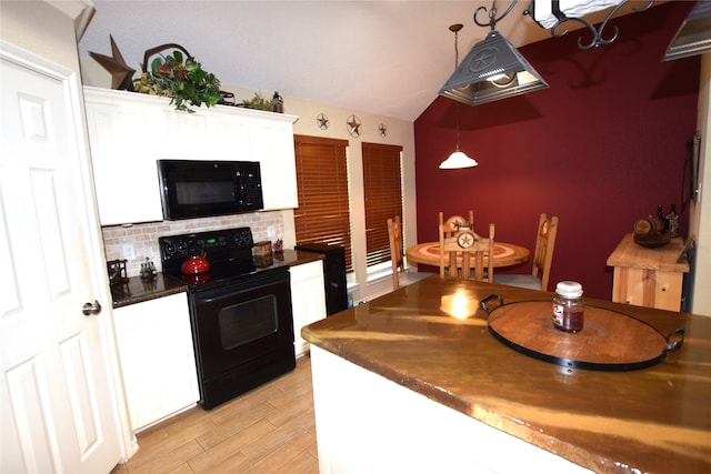 kitchen with white cabinetry, light hardwood / wood-style flooring, black appliances, backsplash, and decorative light fixtures