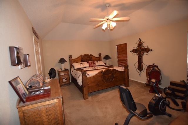 carpeted bedroom featuring lofted ceiling and ceiling fan