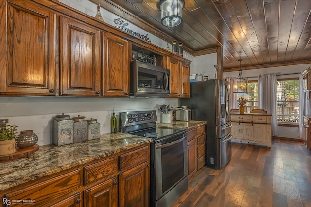 kitchen featuring dark hardwood / wood-style flooring, stone countertops, stainless steel appliances, wooden ceiling, and crown molding