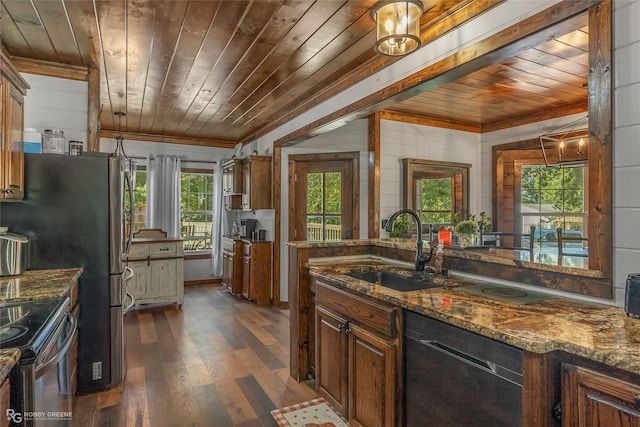 9321 Mccain Rd, Shreveport, LA 71107 - kitchen with wood ceiling, dark stone counters, a sink, stainless steel appliances, and dark wood-style floors