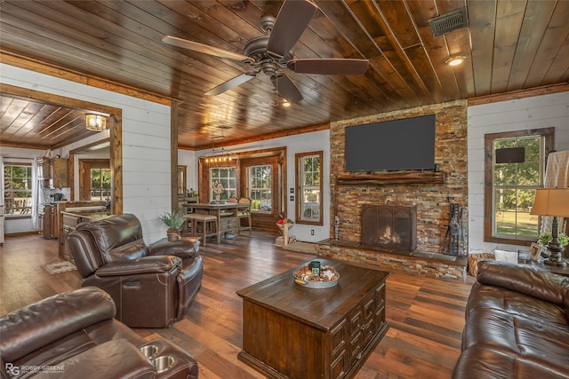 living room featuring ceiling fan, dark hardwood / wood-style floors, wood walls, and wooden ceiling