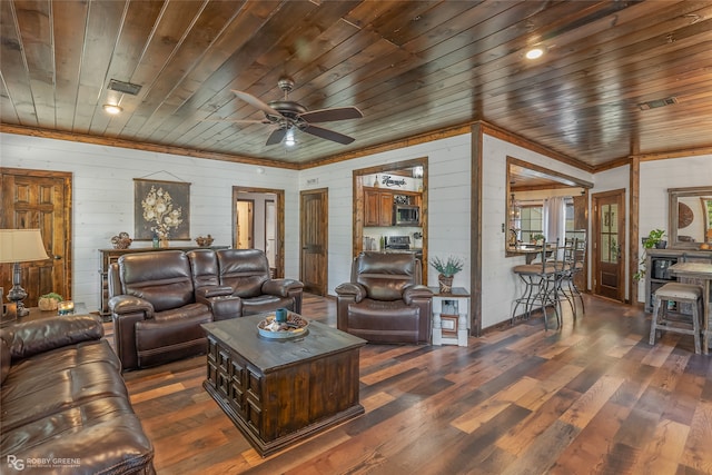 living room featuring wood ceiling, dark hardwood / wood-style flooring, ceiling fan, and french doors