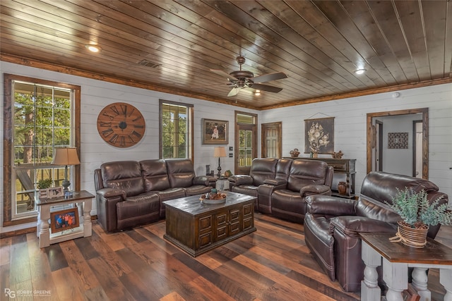 living room with ceiling fan, wood ceiling, plenty of natural light, and dark hardwood / wood-style flooring