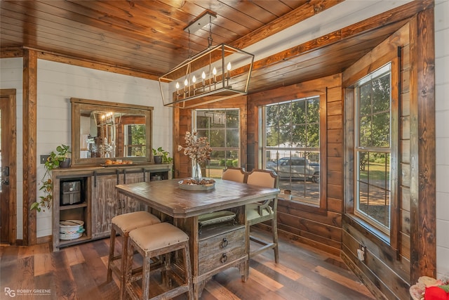 dining area featuring a notable chandelier, wooden walls, dark wood-type flooring, and wood ceiling