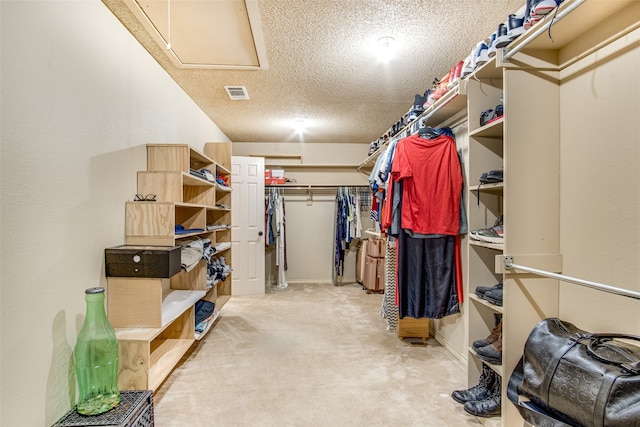 spacious closet featuring light colored carpet