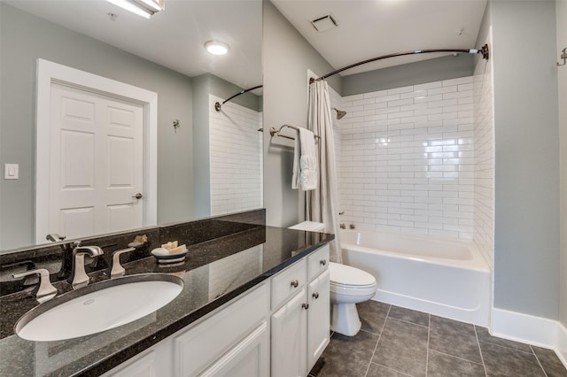 full bathroom with toilet, tile patterned flooring, vanity, and shower / tub combo with curtain