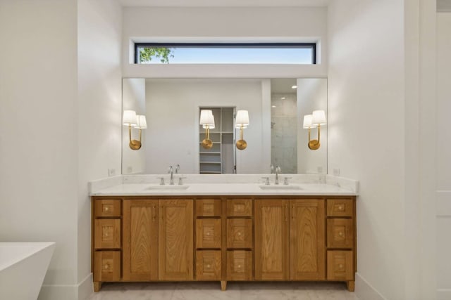 bathroom featuring independent shower and bath and vanity