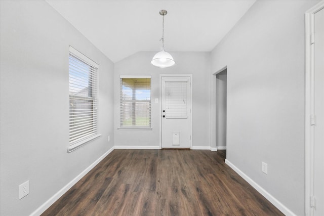 foyer featuring lofted ceiling and dark wood-type flooring