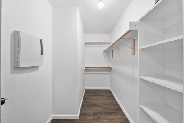 walk in closet with dark hardwood / wood-style flooring