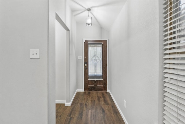 doorway to outside featuring dark wood-type flooring and vaulted ceiling