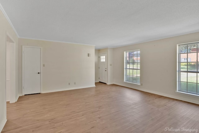 spare room with light hardwood / wood-style floors, plenty of natural light, and a textured ceiling