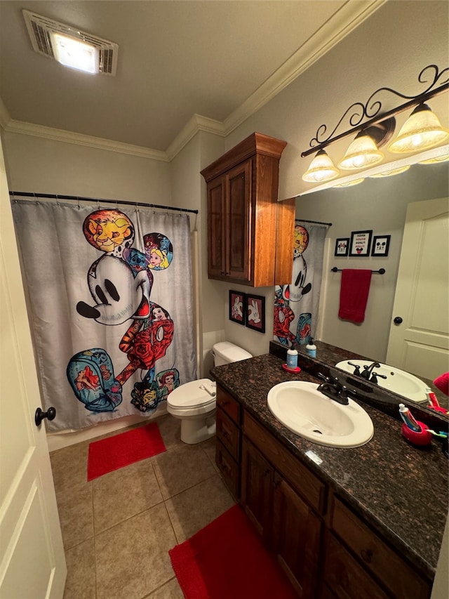 bathroom with vanity, walk in shower, ornamental molding, toilet, and tile patterned floors