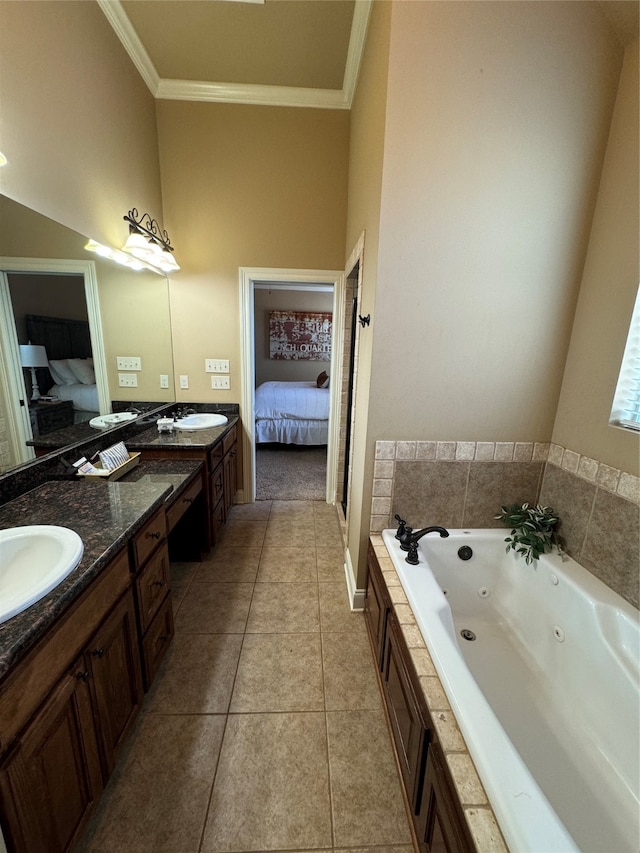 bathroom with tile patterned flooring, a towering ceiling, a tub to relax in, crown molding, and vanity