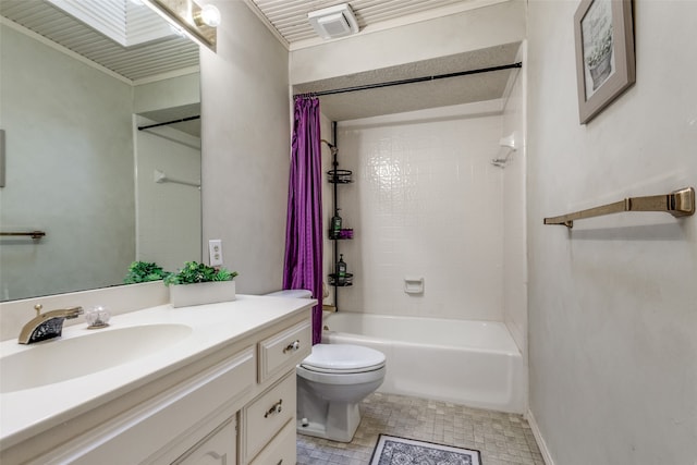 full bathroom featuring a skylight, vanity, shower / tub combo, and toilet