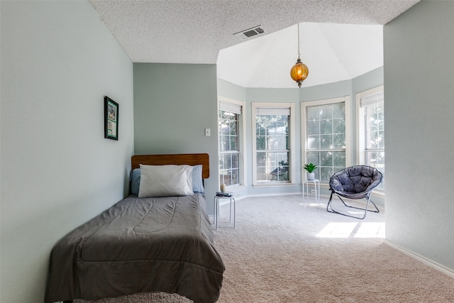 carpeted bedroom with vaulted ceiling and a textured ceiling