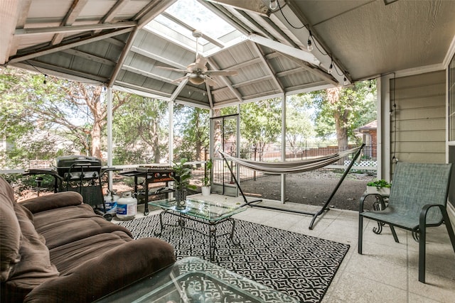 view of patio / terrace featuring a gazebo, an outdoor living space, and ceiling fan