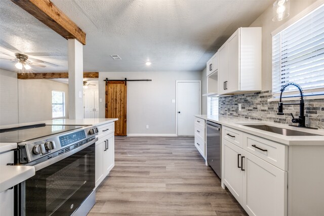 kitchen featuring a ceiling fan, a sink, stainless steel appliances, a barn door, and backsplash