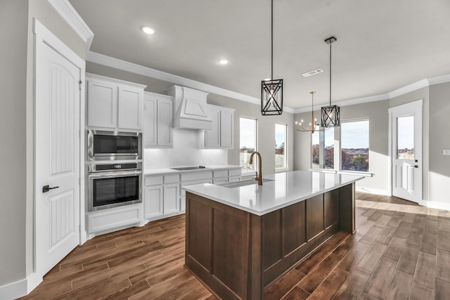 kitchen with sink, a notable chandelier, white cabinets, custom range hood, and appliances with stainless steel finishes